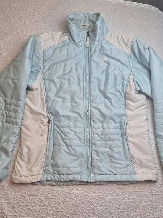 The North Face Puffer Jacket Coat Women Sz L Light Blue/Off White READ - Picture 1 of 9